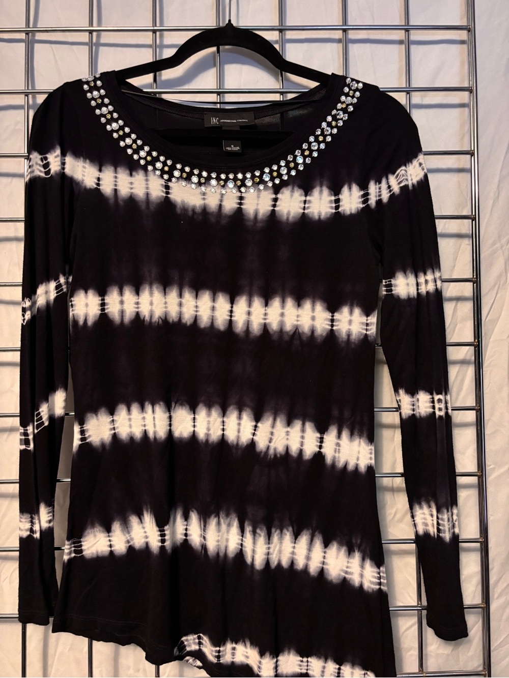 INC International Concepts Navy Blue & White Tie-Dye Embellished Long Sleeve Top